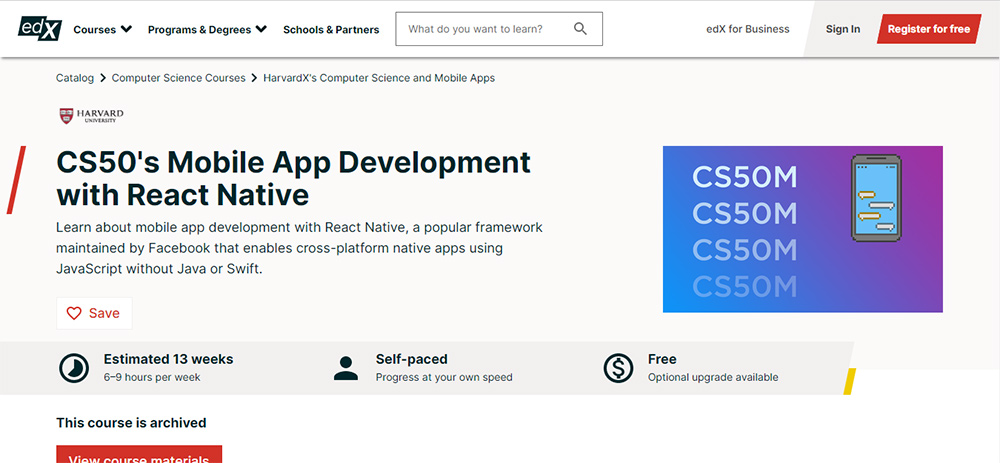 Khóa học phát triển ứng dụng di động của CS50 với React Native (Harvard – edX)