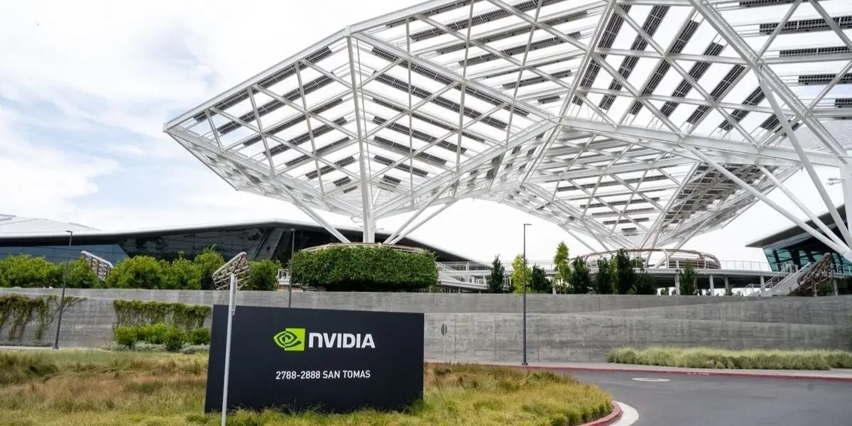 The logo of NVIDIA as seen at its corporate headquarters in Santa Clara, California, in May of 2022.